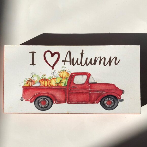 Wooden, Free-standing, Decor "I ❤️ Autumn" W/ truck & pumpkins, appx 3"Hx6"Lx1"D - Picture 1 of 5